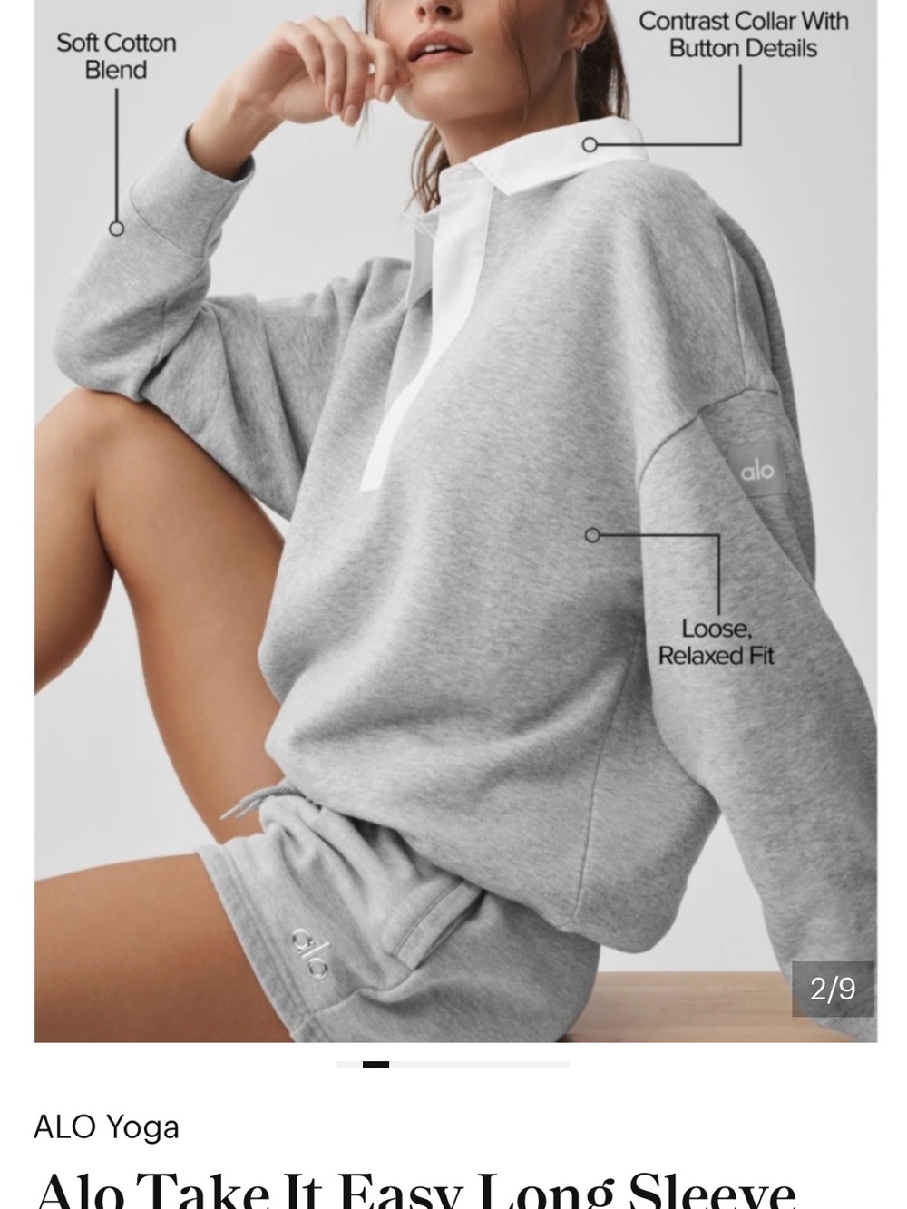 ALO Yoga Light Gray Contrast-Collar Pullover Sweatshirt